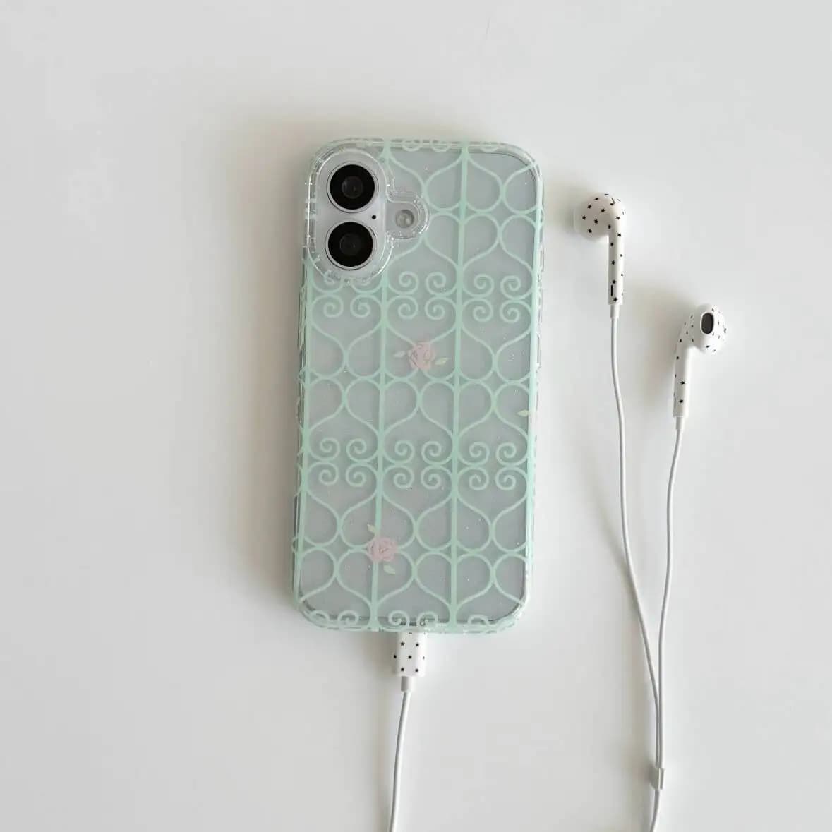 Mint Green Iron Window Pink Rose Transparent Phone Case For iPhone 18 17 Air 16 Pro Max 15 14 Plus 13 Mini 12 11 Soft Back Cover