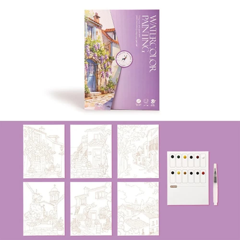 6-Page Foldable Watercolor Painting Kit 12 Colors With Painting Brush Watercolor Sketchbook High-Quality Paper Various Designs