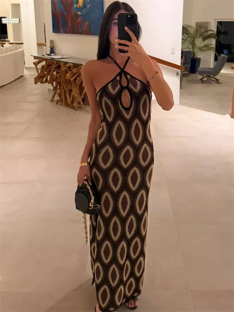 Tossy Knit Printed Hollow Out Long Dress Women Bandage Backless Contrast Beach Holiday Dress Clothes Female Boho Knitwear Dress