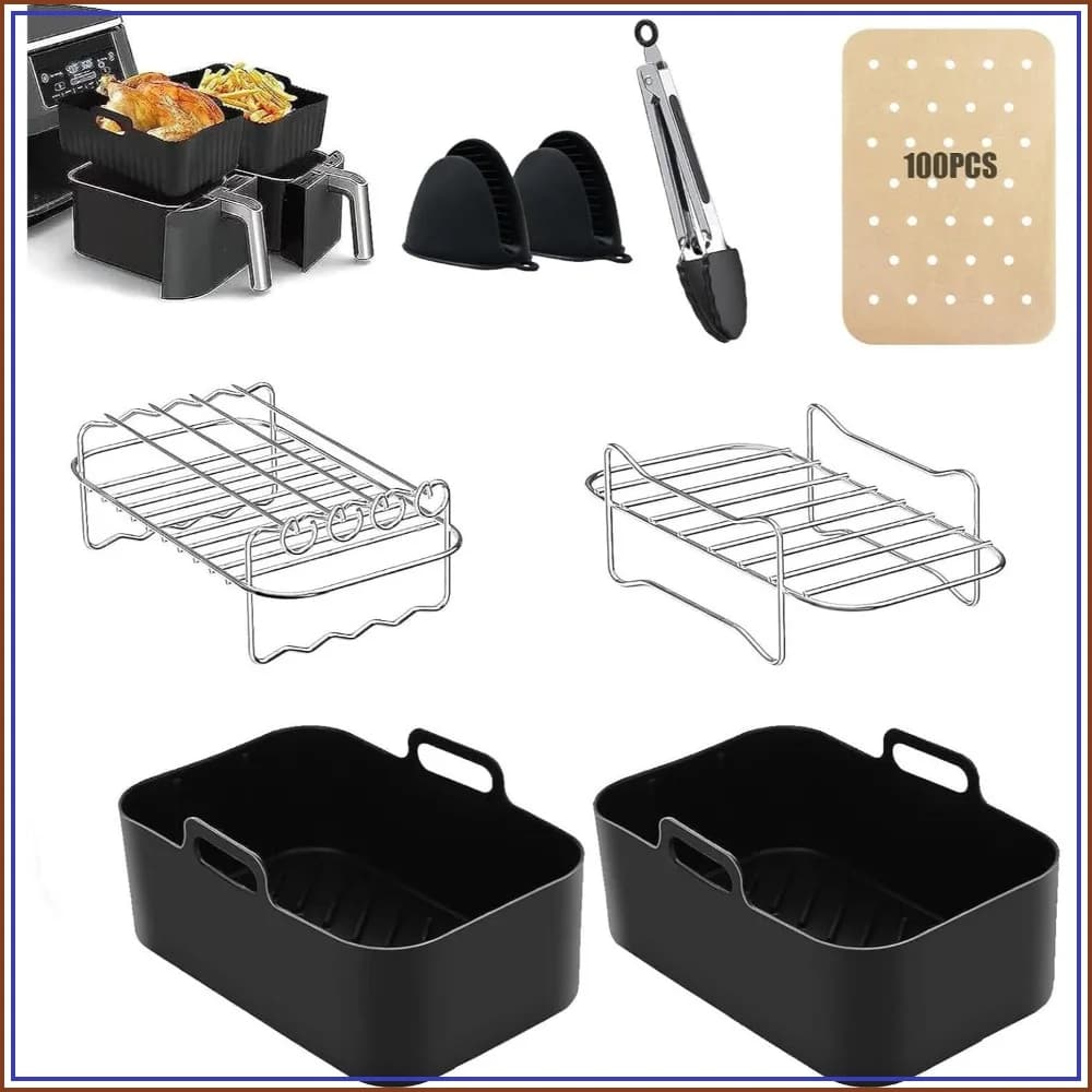 8-Piece Air Fryer Accessories Set for Most 8Qt-10Qt, Dual Racks & Silicone Liners, Gloves, Clip, 100 Paper Linings