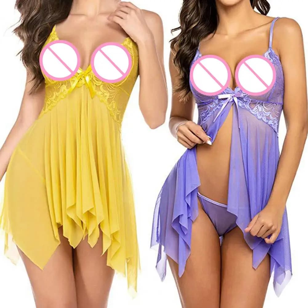 Set da 2 Pezzi Camicia da Notte in Pizzo per Donna, Abito Intimo Trasparente con Spalline Sottili, Pigiama per San Valentino 80%