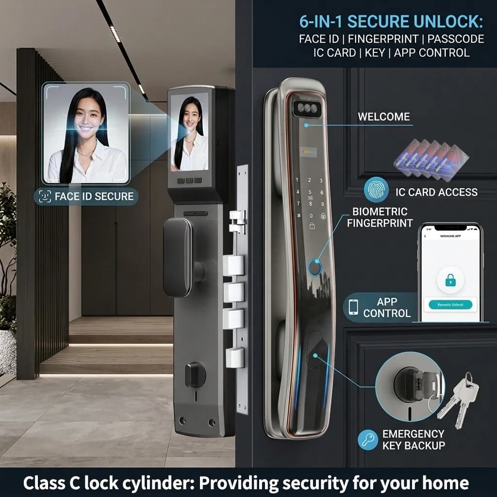 Serratura intelligente con riconoscimento facciale 3D compatibile con Wishome Biometric Fingerprint 6068 Mortise IC Card WiFi, sblocco remoto tramite WiFi.