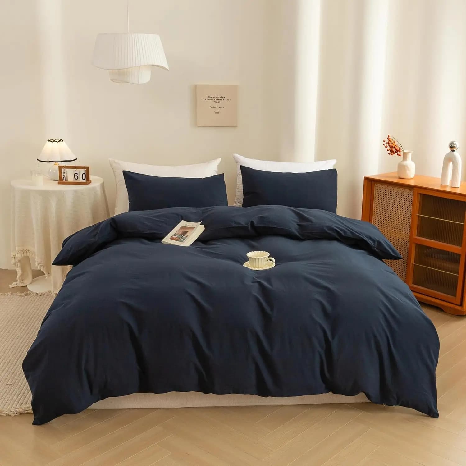 Copripiumino Blu Navy Misura Queen, Set Biancheria da Letto 3 Pezzi in Cotone Lavato 100% con Chiusura a Cerniera, Copripiumino Ultra Morbido e Traspirante
