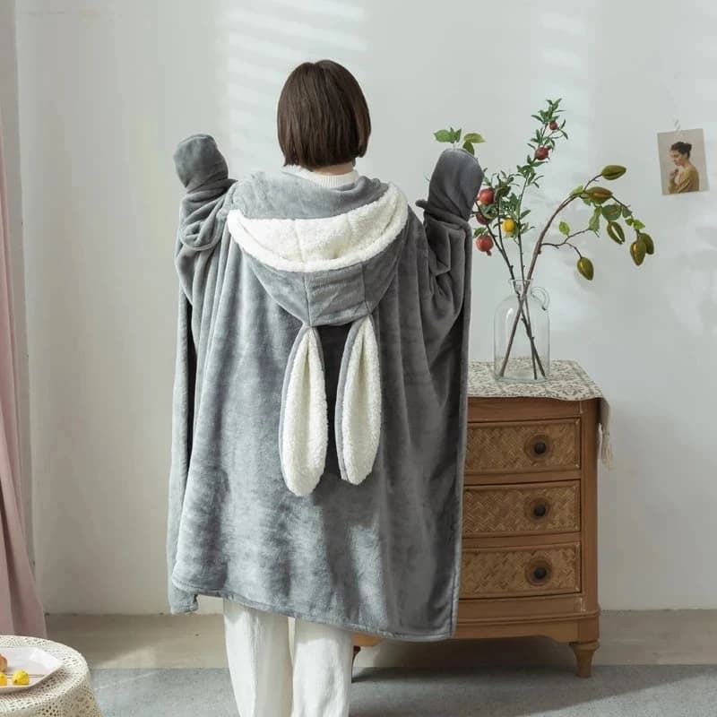 Simpatica coperta da coniglio carina indossabile Coperta calda in velluto corallo in inverno Coperte con mantello con cappuccio in stile giapponese Adulti Bambini