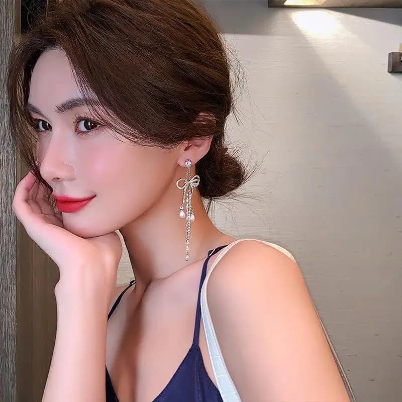 1 Pair Fashion Dangle Earrings Bowknot Shape Shining Rhinestones Lady Earrings Heart Imitation Pearls Tassel Jewelry Accessory