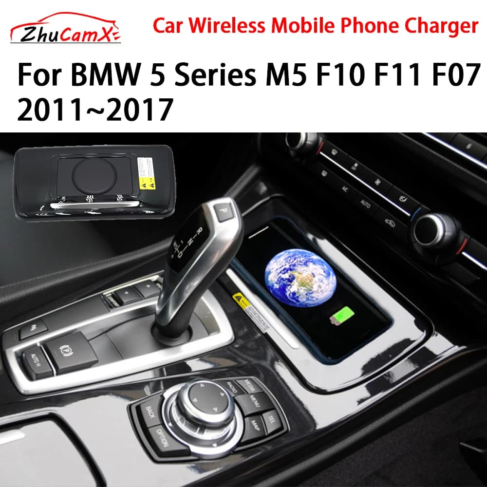 Caricatore per telefono cellulare wireless per auto Console centrale di archiviazione QI 18W iPhone ricarica rapida per BMW Serie 5 M5 F10 F11 F07