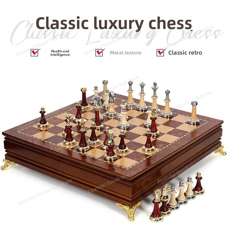 Luxury Metal & Solid Wood, Desktop Storage Design, Exquisite Chess Set