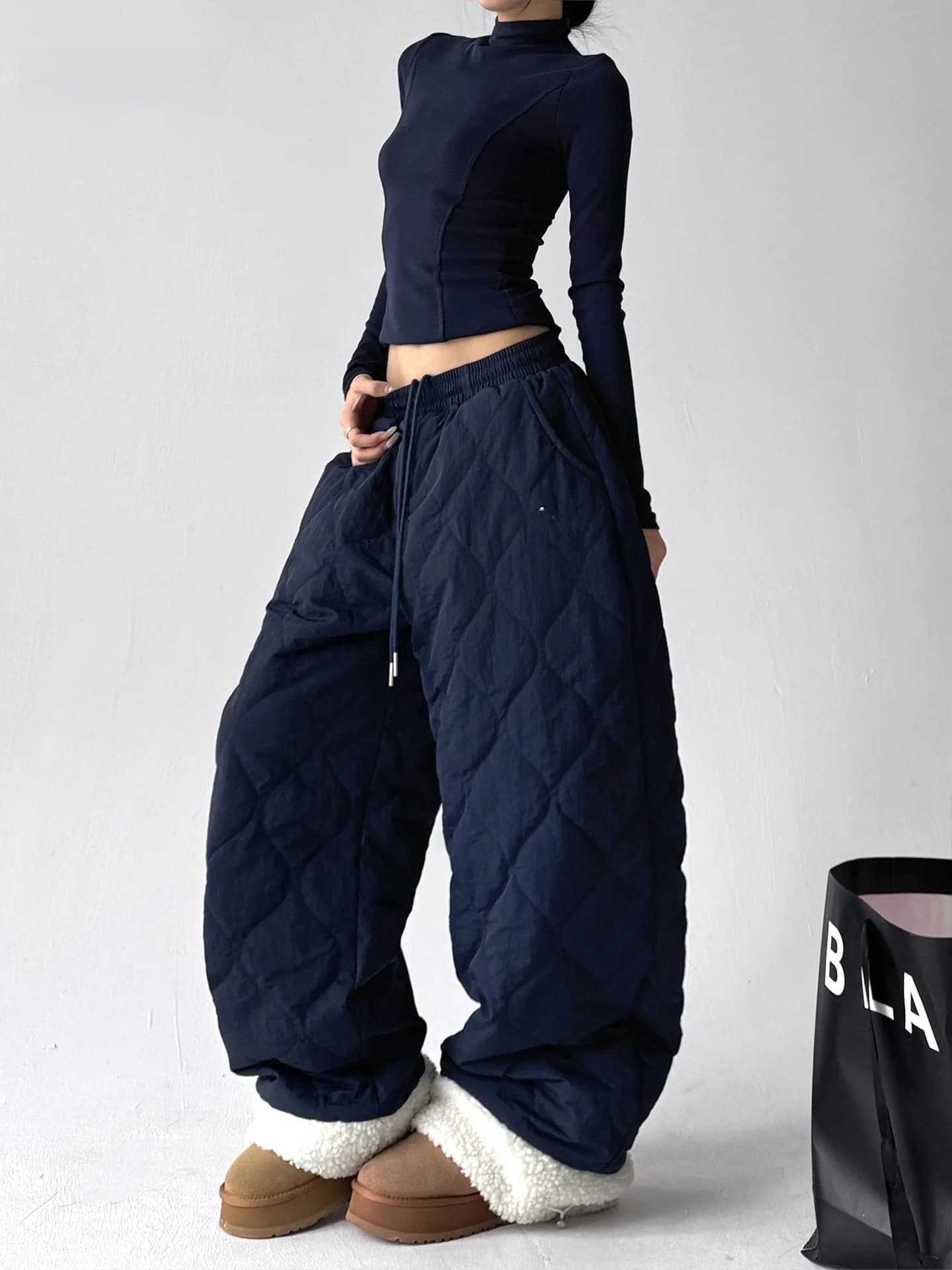 Thickened Warm Casual Pants Women's Loose Diamond Pattern Cotton Straight Leggings Slimming Blue High Waist Wide Leg Trousers