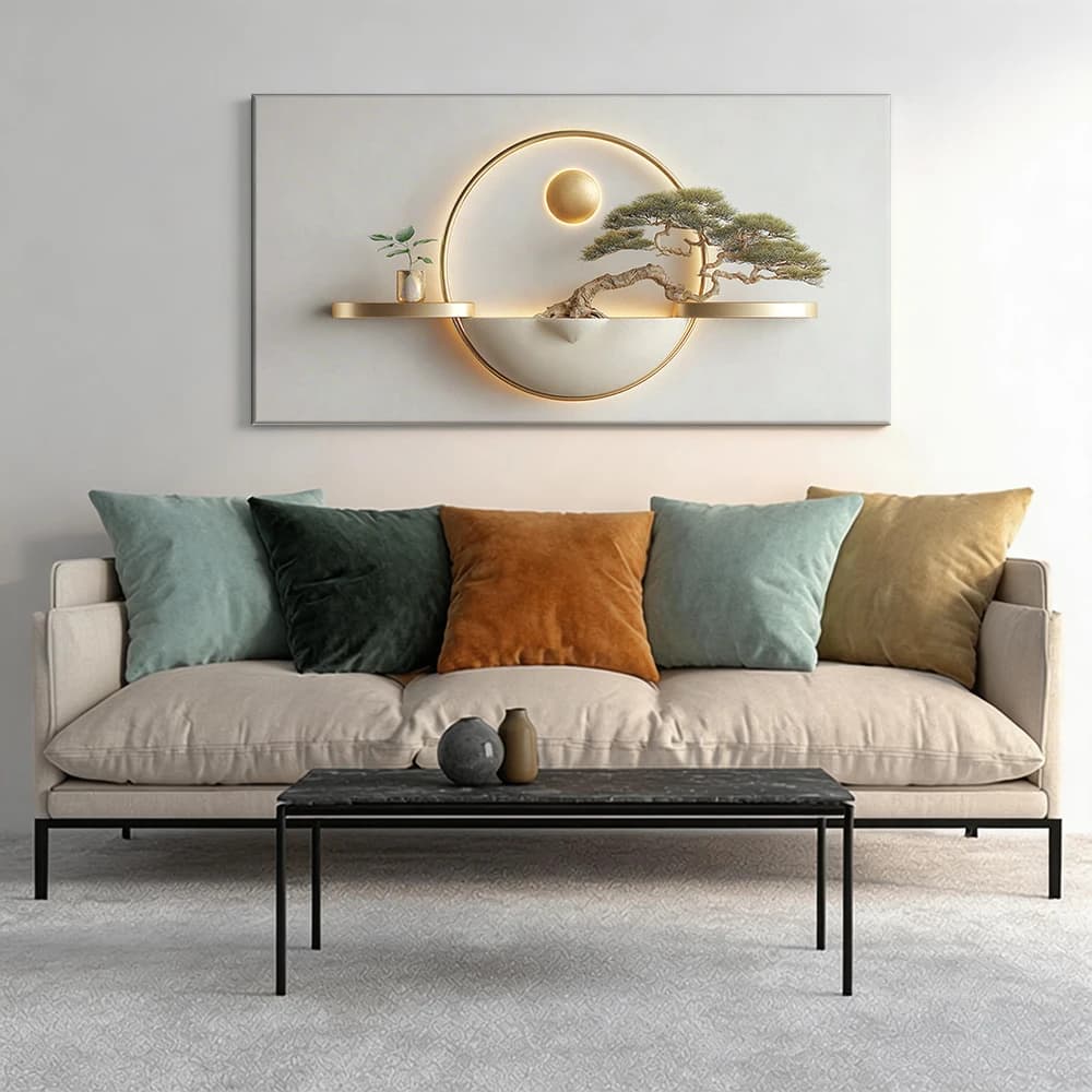 Painted on canvas with large wooden frame, 1 piece, wall support with bonsai.