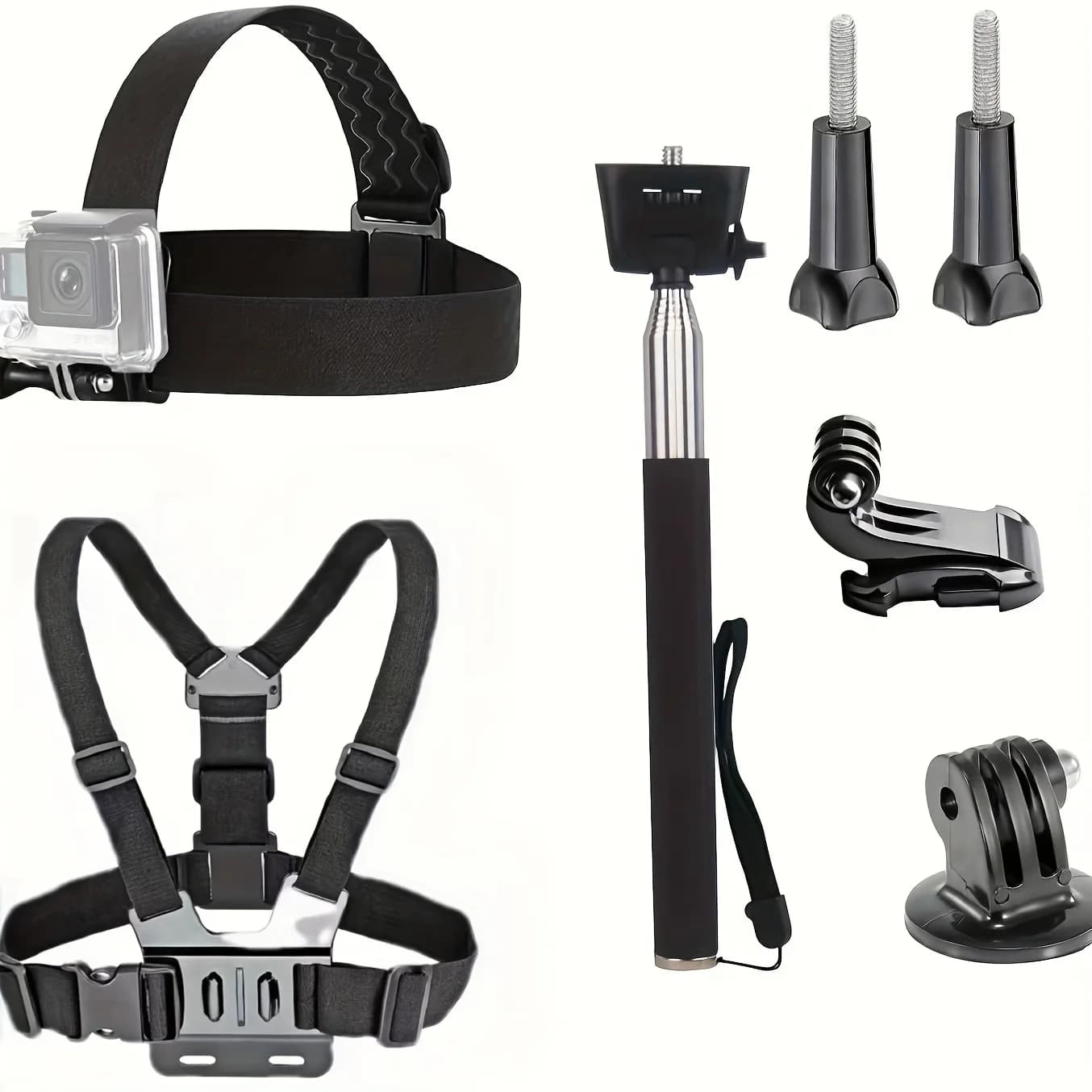 Kit di accessori per action camera universale 3 in 1 - Supporto per fascia per capelli/Cinturino per il petto/Selfie Stick, compatibile con Gopro Hero 11 10 9 8 7 6