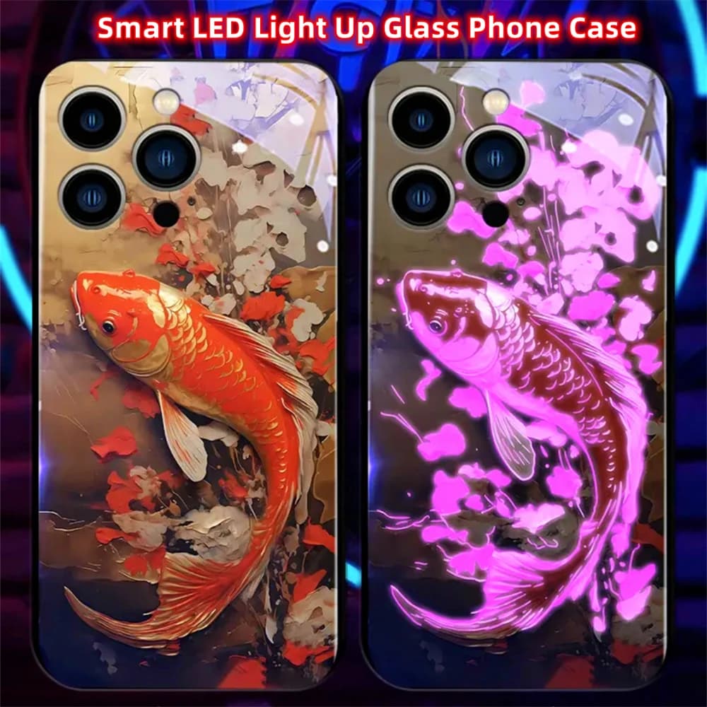 2026 Five-flavored Fish Smart LED Light Glow Tempered Glass Phone Case For iPhone Air 17 16 E 15 14 13 12 11 Pro Max Plus