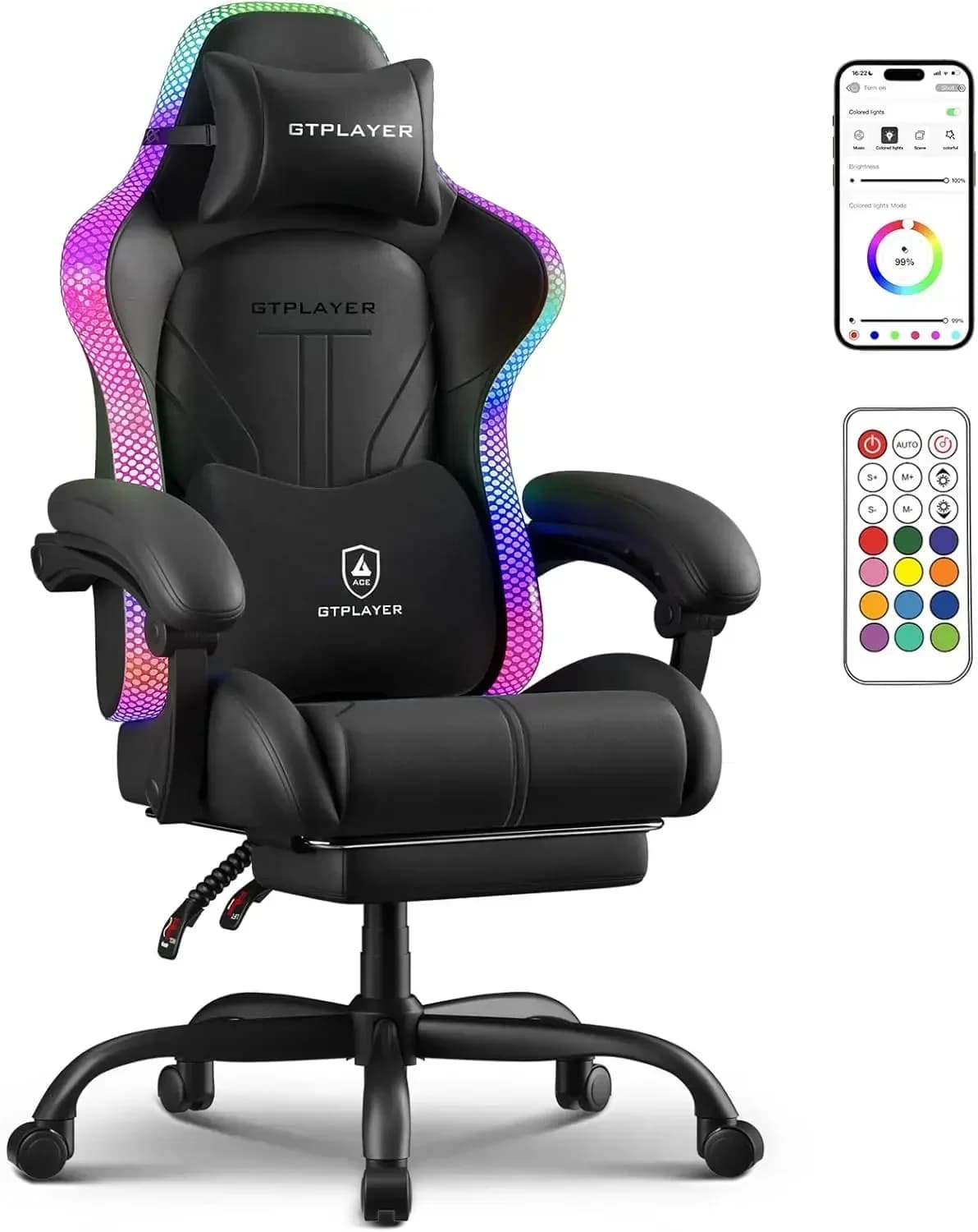 Gaming Chair, Computer Chair with RGB LED Lights, High Back Ergonomic Chair for Adults with Footrest, Reclining Office Chairs, L