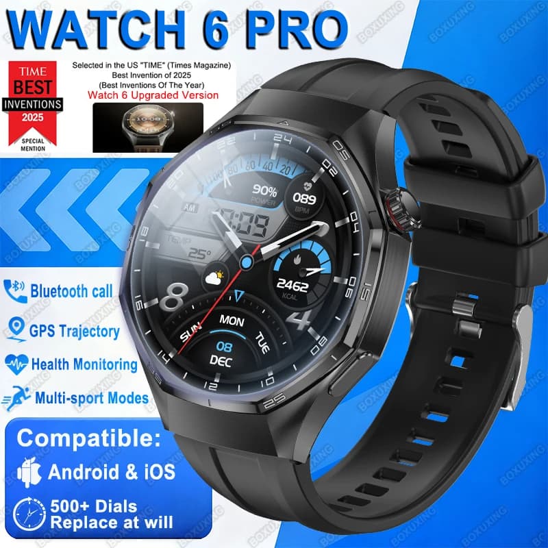 New Smartwatch Global Version Watch 6 Pro for Man, AMOLED HD Screen, GPS, Bluetooth Calls, Waterproof, Sports Functions and Health
