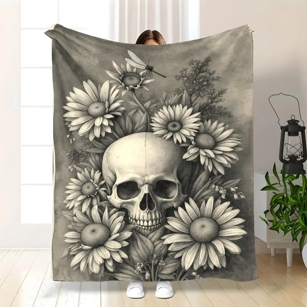 1pc Sdoo Plush Flannel Throw Blanket - Black & White Skull with Dragonfly & Floral Gothic print, 280GSM All-Season Cozy Bedsprea