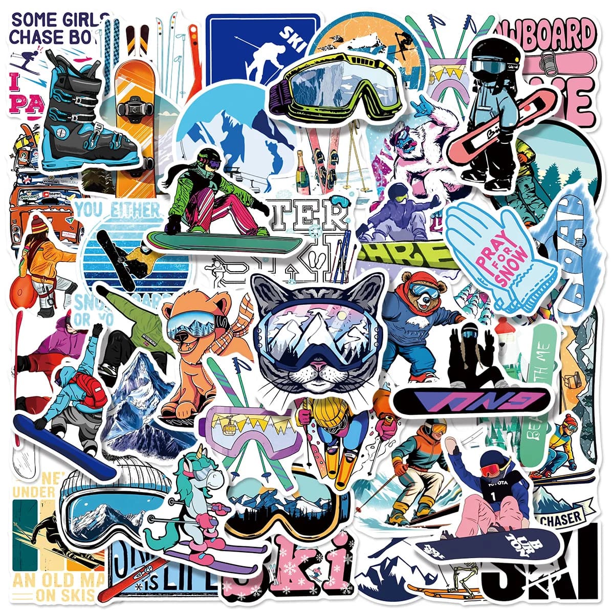 50 Pezzi Adesivi per Sci, Sport Invernali all'Aperto, Graffiti Cartoon per Snowboard, Skateboard, Casco, Auto, Laptop, Valigia, Regali