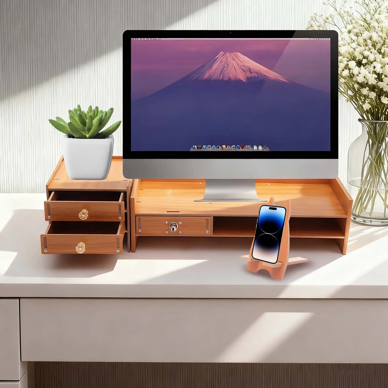 Wood Computer Monitor Stand, Riser Desk, Storage Monitor Riser Shelf, Organizer Holder with Drawer, Lock and Reserved Line Hole, Ergonomic Design, for Office & Home