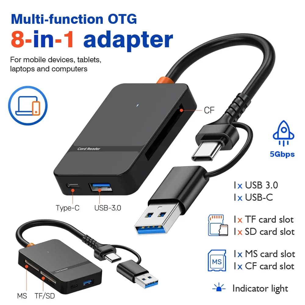 Il lettore di schede USB3.0/USB-C 8 in 1 supporta la scheda U disk/SD/Micro SD/TF/CF/MS/CF per telefono portatile PC Lettore di schede multifunzione