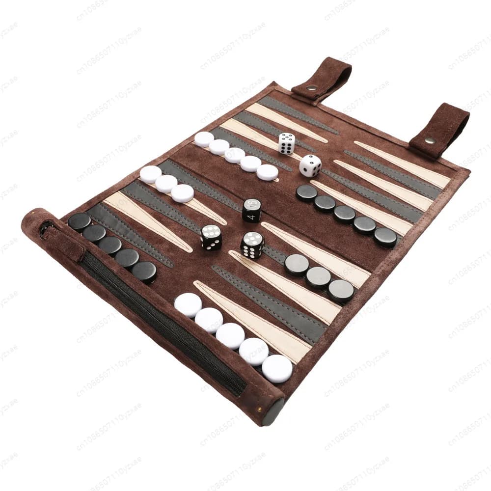 Roll Up Portable Suede Backgammon Set Leather Travel Board Game with Checkers Dice Outdoor