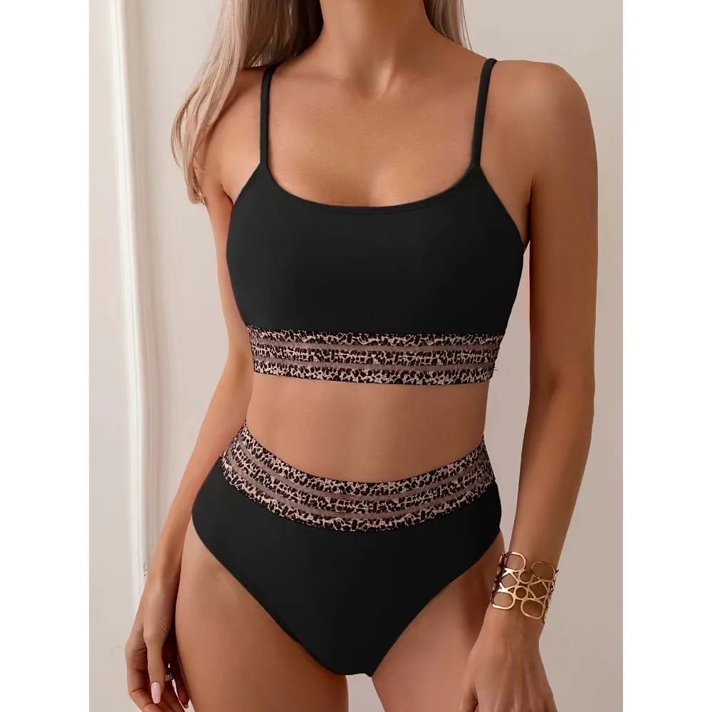 Nuovo Sexy Bikini Nero a Vita Alta Due Pezzi, Costume da Bagno Donna, Abbigliamento da Spiaggia in Rete, Sportivo Imbottito, per Piscina e Estate