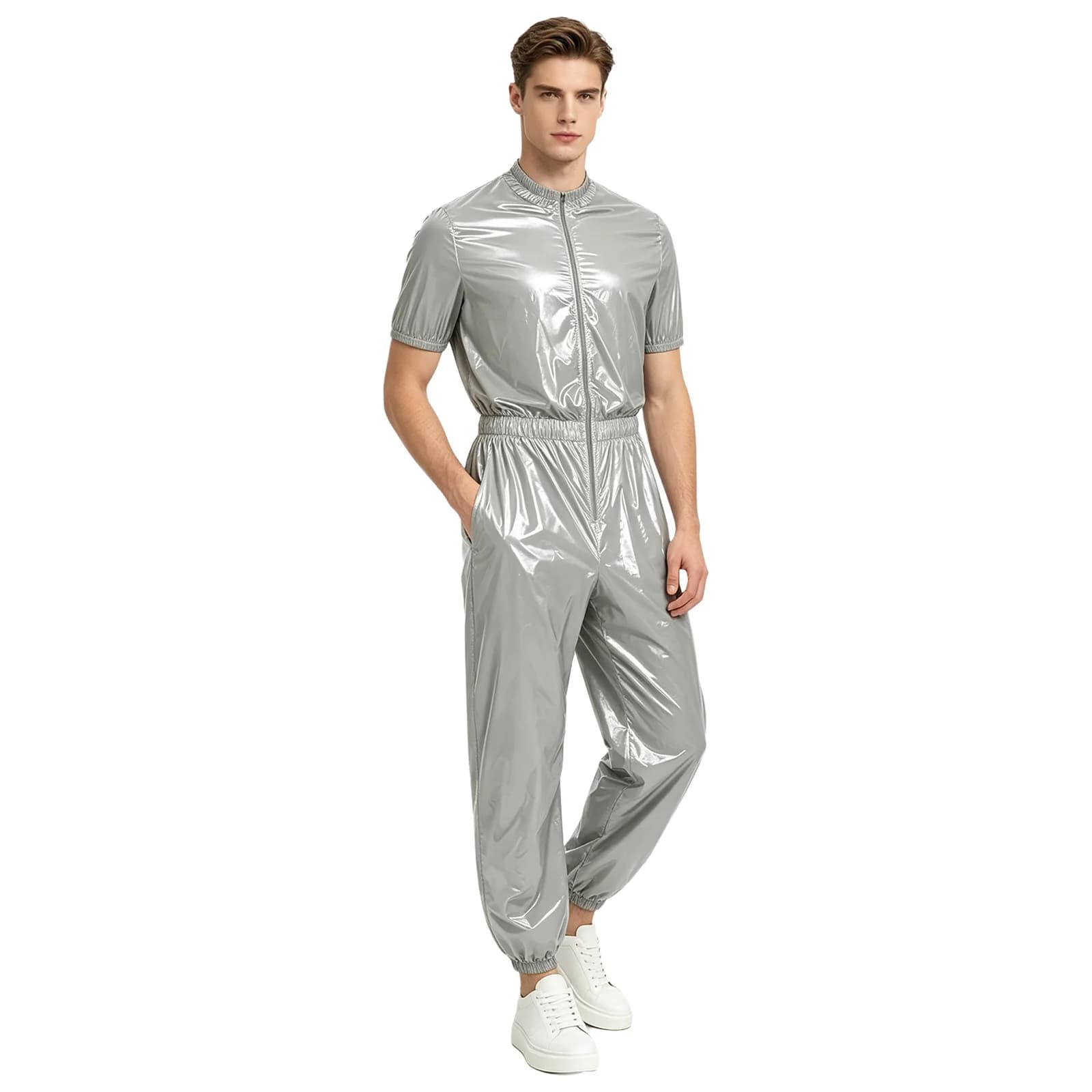 Mens Waterproof Jumpsuit Sauna Sweat Suit Short Sleeve Zipper Elastic Waist Jogging Pants with Pockets Rainwear Sports Tracksuit