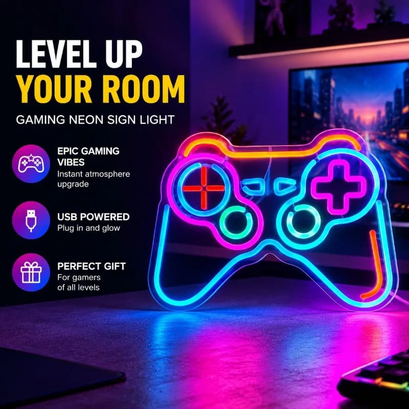 Insegna LED Neon a Forma di Controller di Gioco, Luce USB per Gamepad, Decorazione da Parete per Sala Giochi, Setup Video Game, Camera da Letto Gamer, Regalo per Man Cave