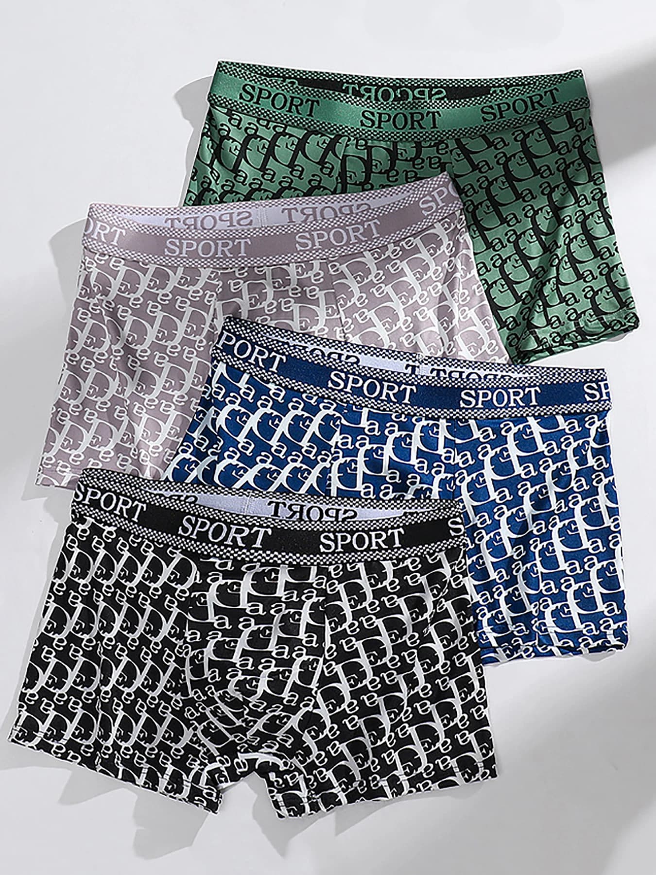 Set boxer da uomo in poliestere da 4 pezzi - Cintura con logo "SPORT", fantasia monogramma, biancheria intima multicolore