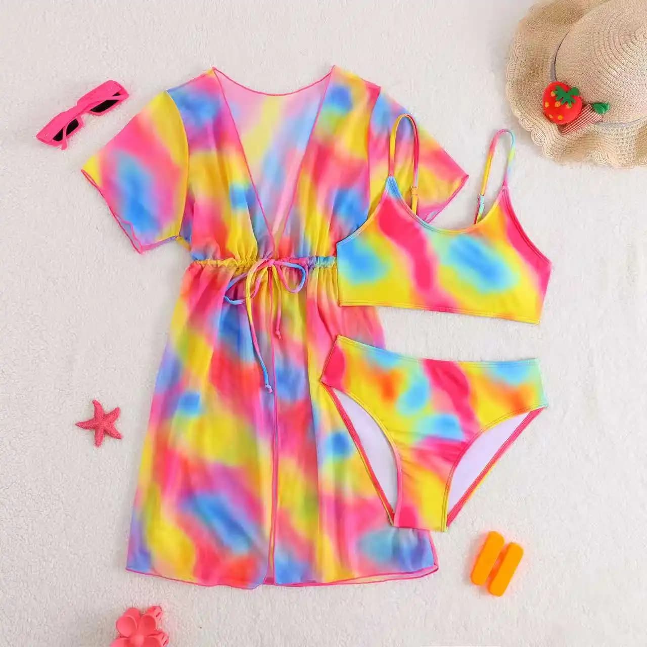 Costume da bagno per ragazze, confezione da 3, con stampa tie-dye, bikini a vita alta, costume da bagno per bambini e kimono, 8-12 anni, costume da bagno per bambini, copricostume, costumi da bagno per adolescenti