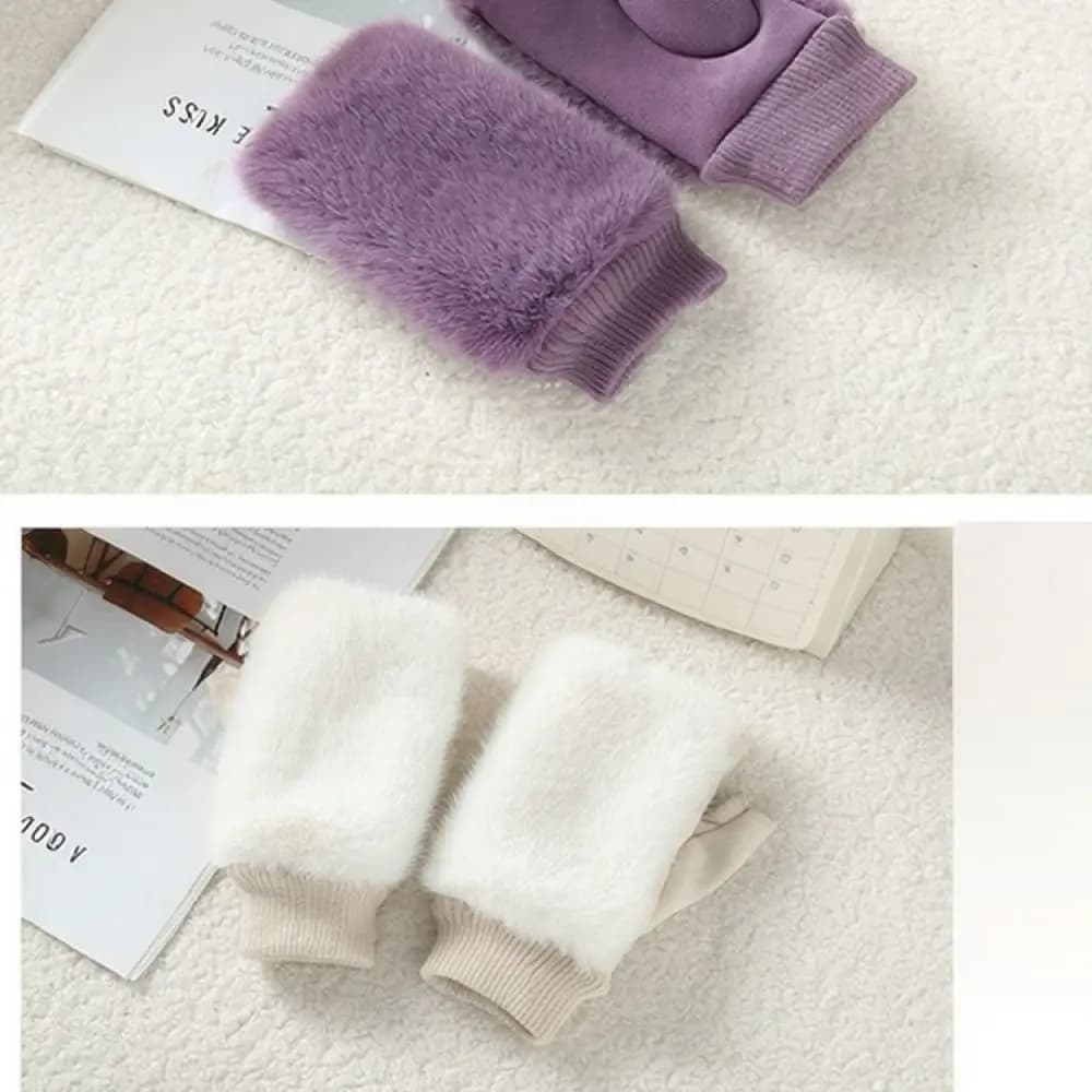 Women Winter Thermal Half Finger Gloves Soft Faux Mittens Thickened Plush Warm Elegant Girl Driving Outdoor Cute