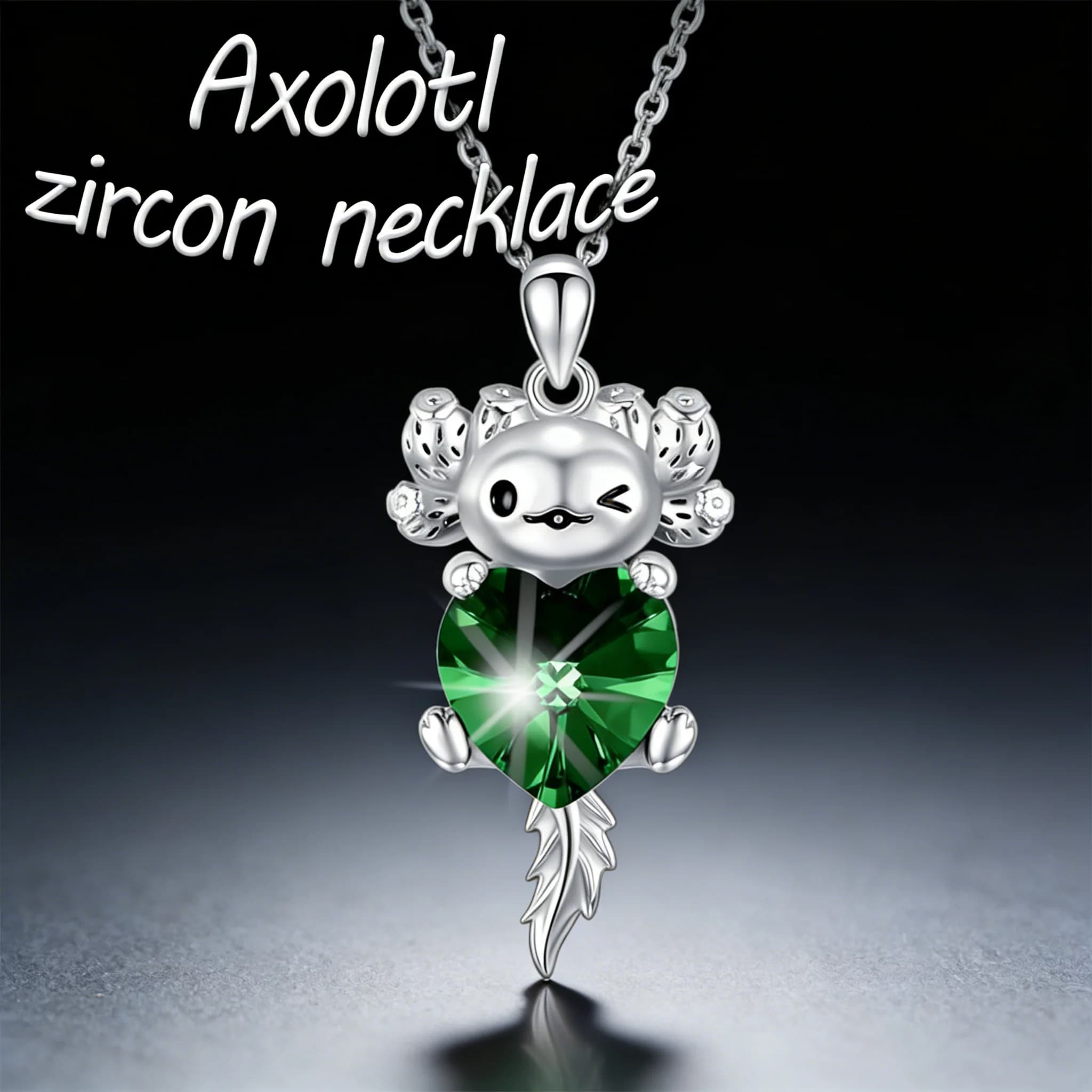 Zinco Alloy Necklace with Sympathetic Axolotl Smiles, Green Heart with Fin Crystal, Gift for Axolotl Lovers, for Women and Girls