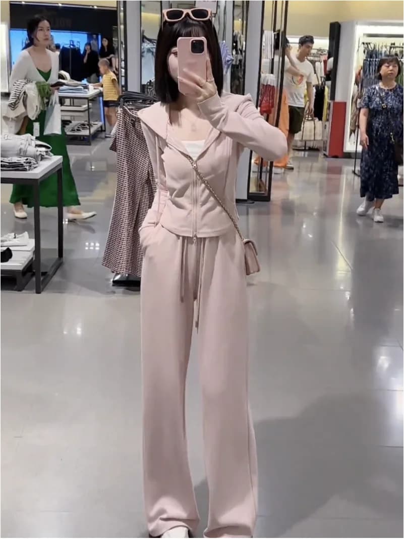Fall 2025 Women's Premium Long Sleeve Hoodie Jacket High Waist Wide Leg Pants Casual Sport Two Piece Set Polyester Zipper