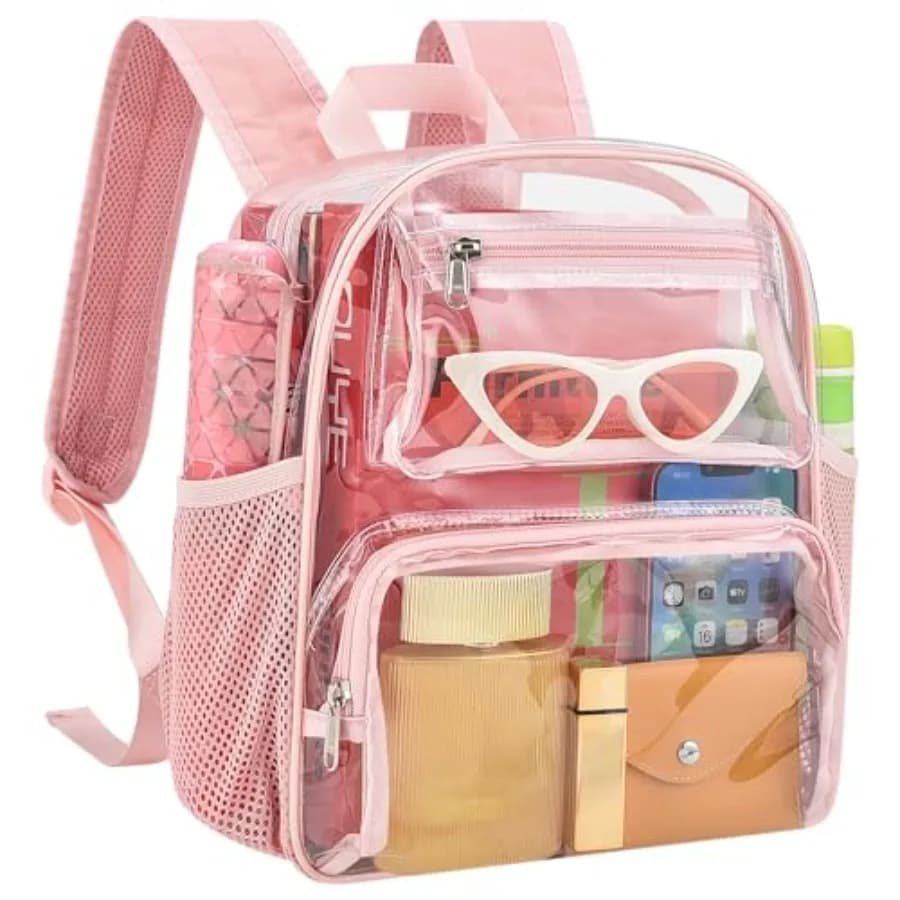 Small Clear Backpack Stadium Approved for Women and Men Clear Bag for Stadium Events Concert Sporting Festival, Princess Pink