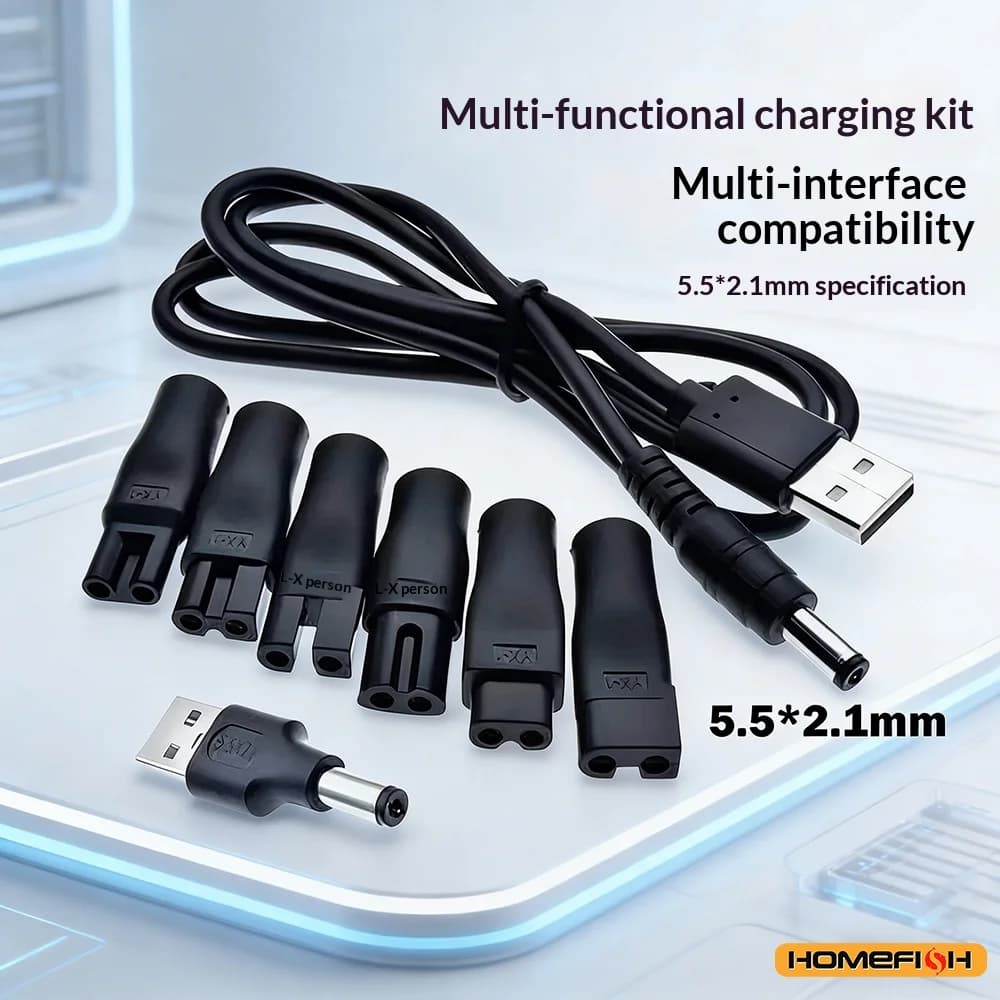 Set di ricarica universale da 8 pezzi, cavo di alimentazione da 5V e adattatore USB per tagliacapelli, regolabarba e rasoi