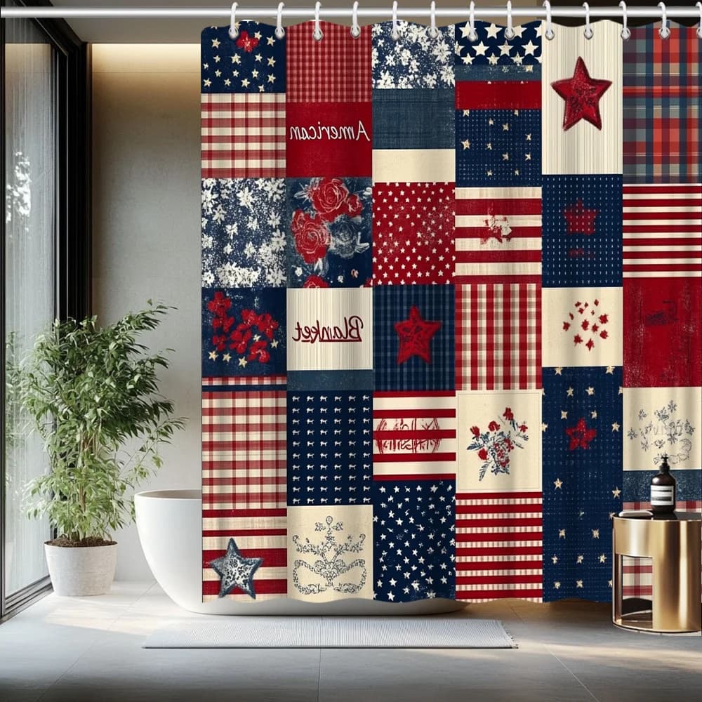 Tenda da doccia decorativa 2D piatta con bandiera americana patchwork, divisorio per vasca in poliestere, elementi floreali stelle rosse bianche e blu per la casa