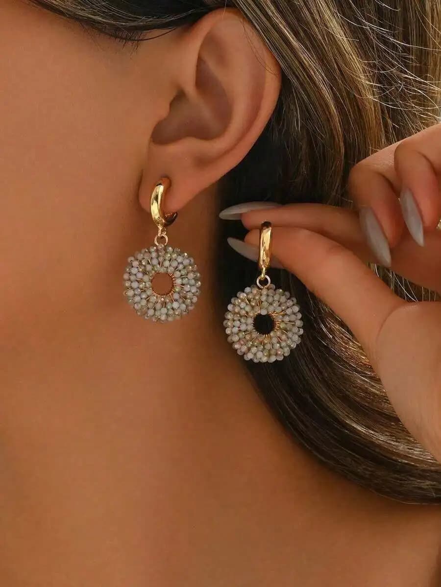 Handmade Woven Crystal Geometric Drop Earrings Champagne Color For Women Wedding Party