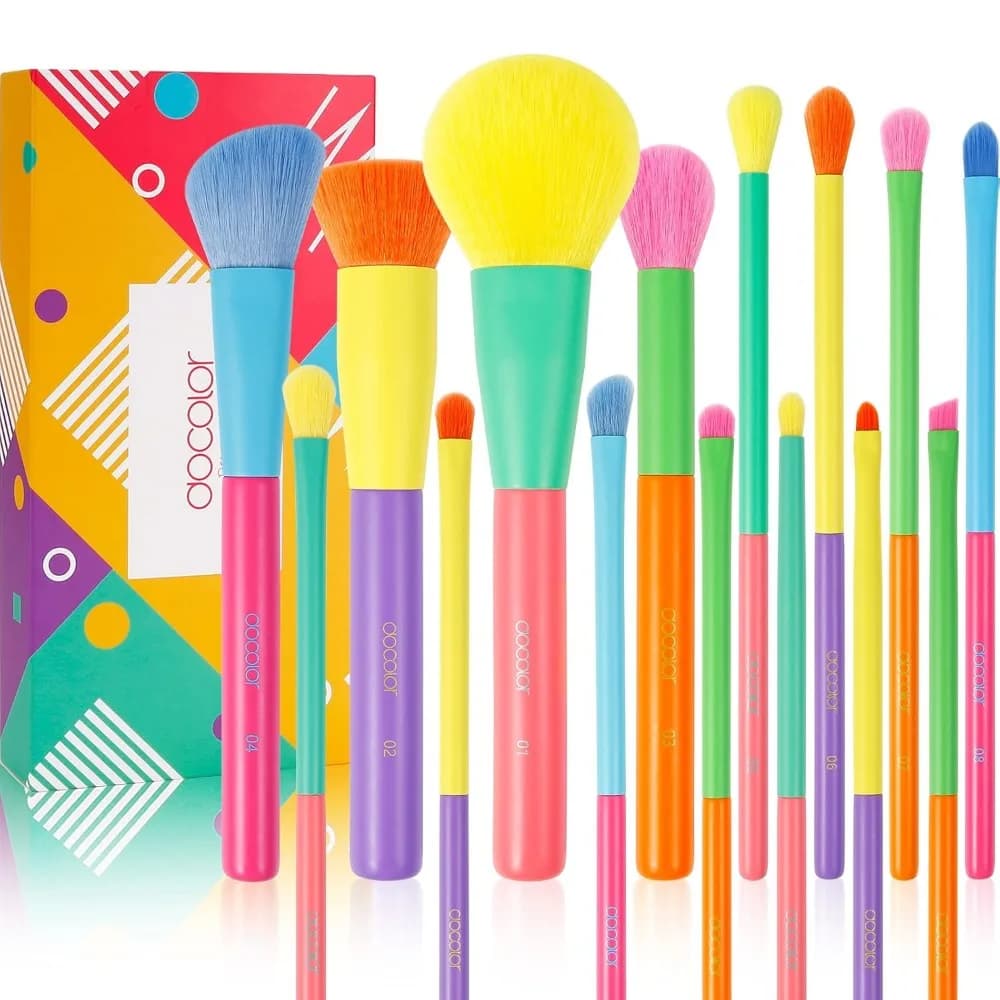 Set of 15 Colorful Makeup Brushes, Premium Synthetics for Fondotinta, Contorno, Blush e Ombretto