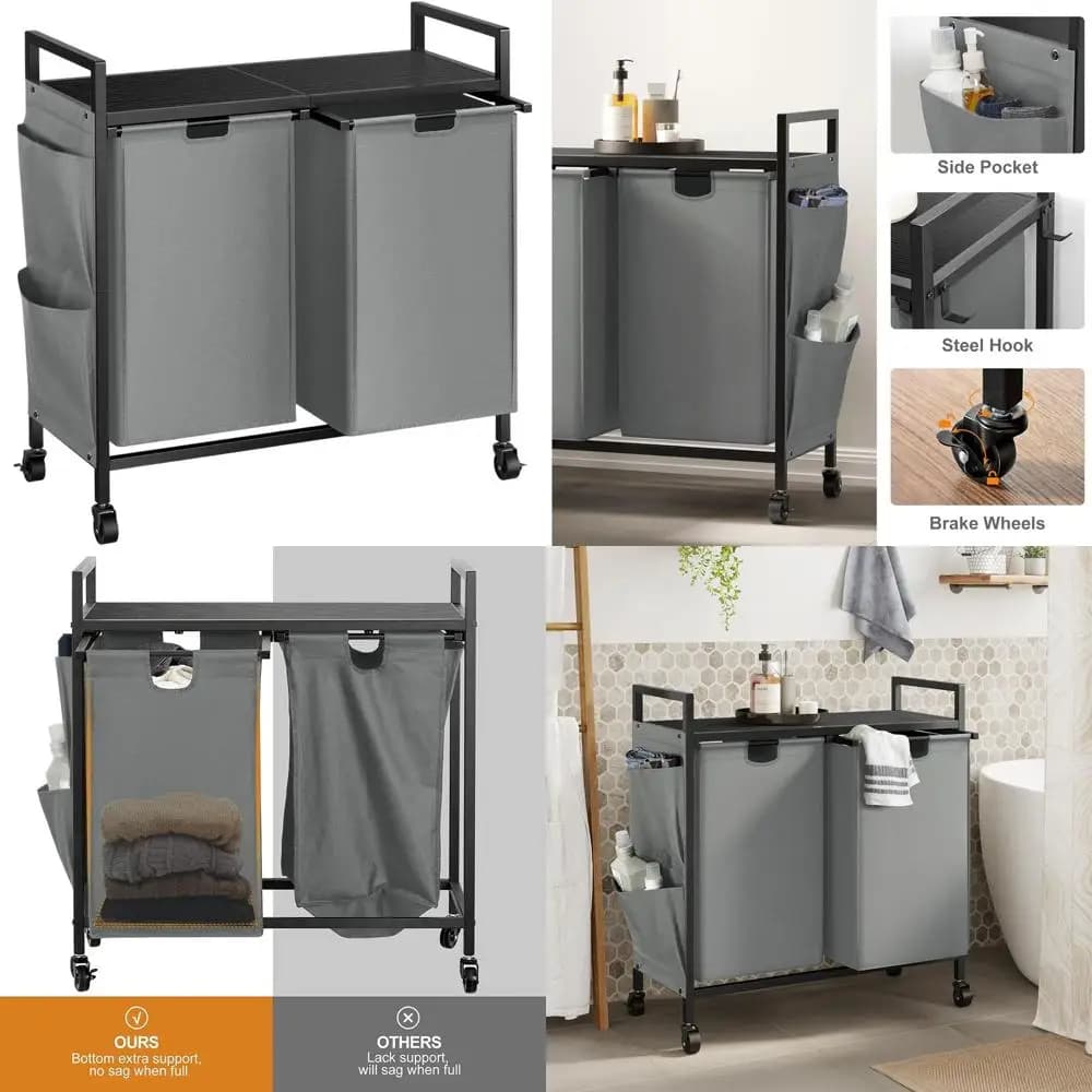 Grey basket with lid, organizer with wheels, iron structure, top shelf and 2 removable bags to store large clothes