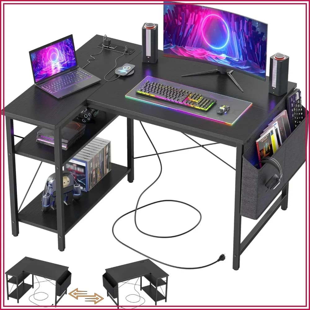 L Shaped Gaming Desk with Power Outlets - 40 inch Corner Computer Desk, Reversible Bookshelf Workstation for Home Office