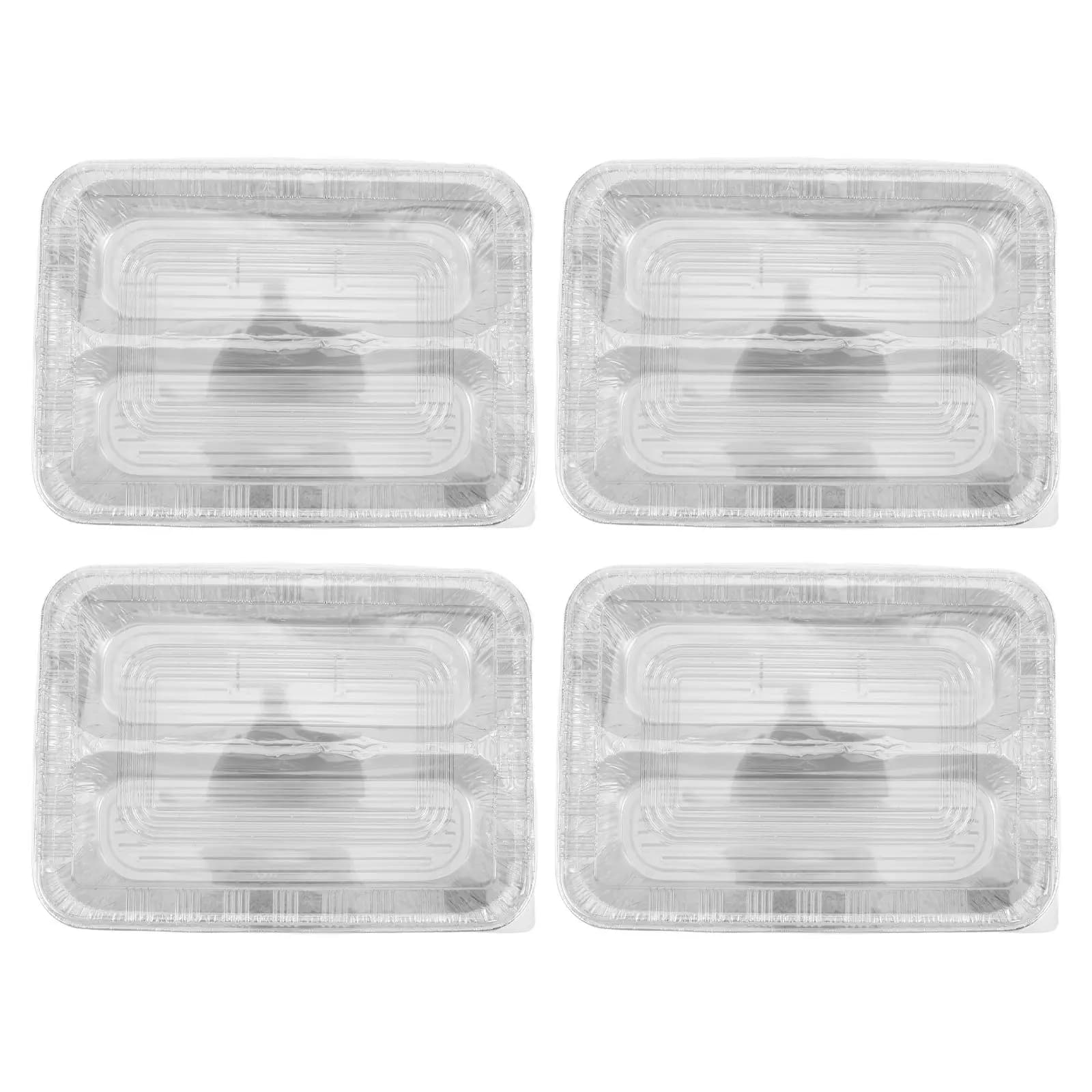 4 Set di Vassoi Rettangolari in Alluminio a 2 Scomparti con Coperchi, Adatti al Forno, Contenitori Monouso per Preparazione Pasti e Conservazione in Freezer