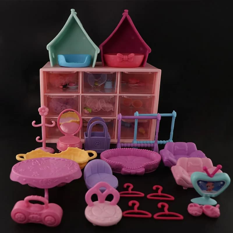 LPS Minilpsshop Confezione casuale Accessori casuali Sedia rara Sgabello per casa Sedia per cani Borsa da toeletta Set (senza giocattoli)