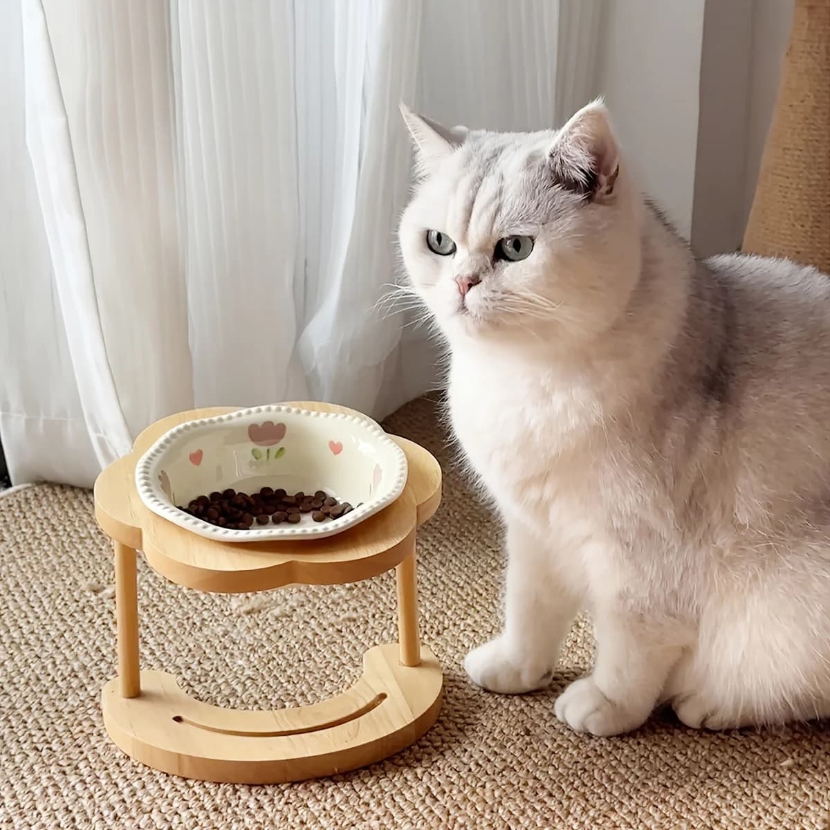 Ciotola Rialzata in Ceramica per Animali Domestici con Supporto in Legno - Ciotola Anti-Rovesciamento per Gatti e Cani, Design Protettivo per il Collo di Gatti e Cani