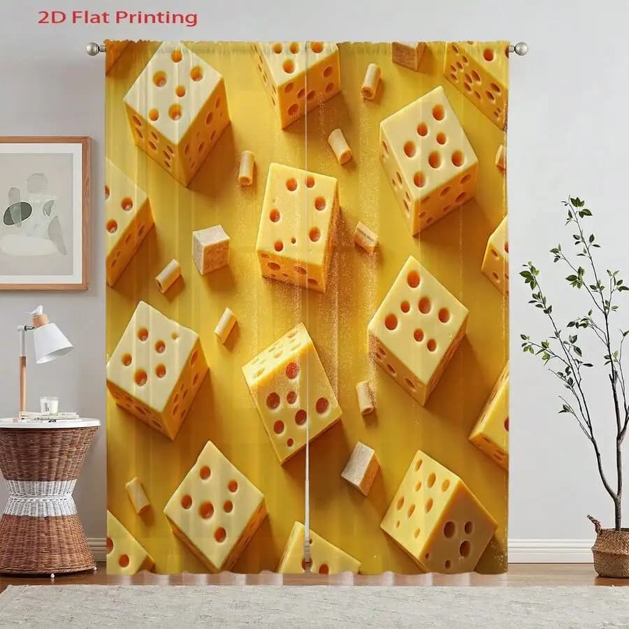 3D Yellow Cheese Pattern Curtains, Funny Food Print Drapes, Blackout Window Treatment for Kitchen Dining Room Home Decor