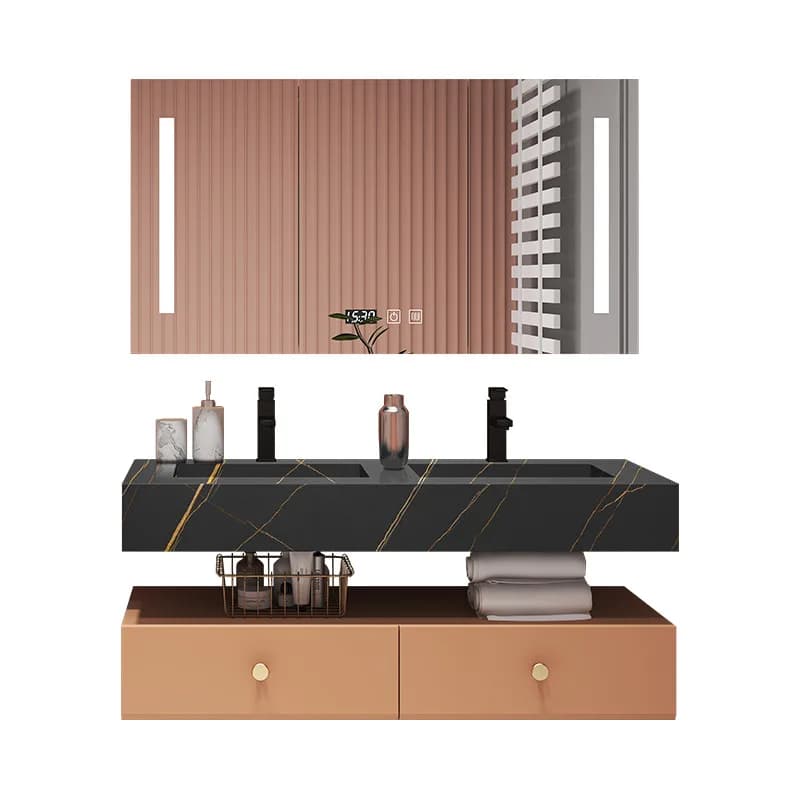 Mobiletto da bagno integrato in ardesia nera Lauren Gold Mobiletto da bagno combinato con specchio intelligente