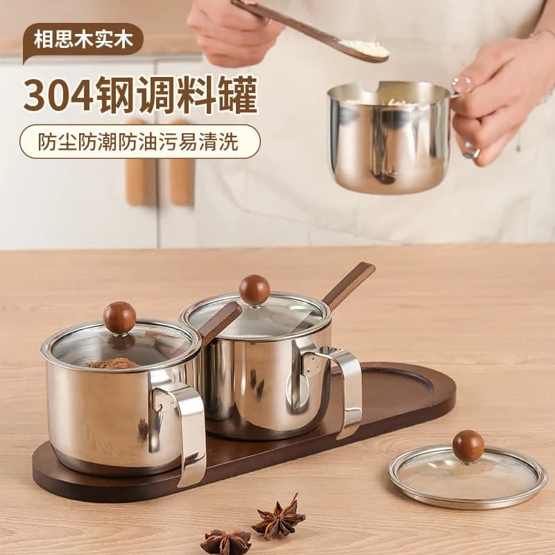 Barattoli di spezie in legno in acciaio inossidabile 304 con vassoio Set da 2/3 pezzi - Contenitori per condimenti antiscivolo con cucchiaio e coperchio per cucina