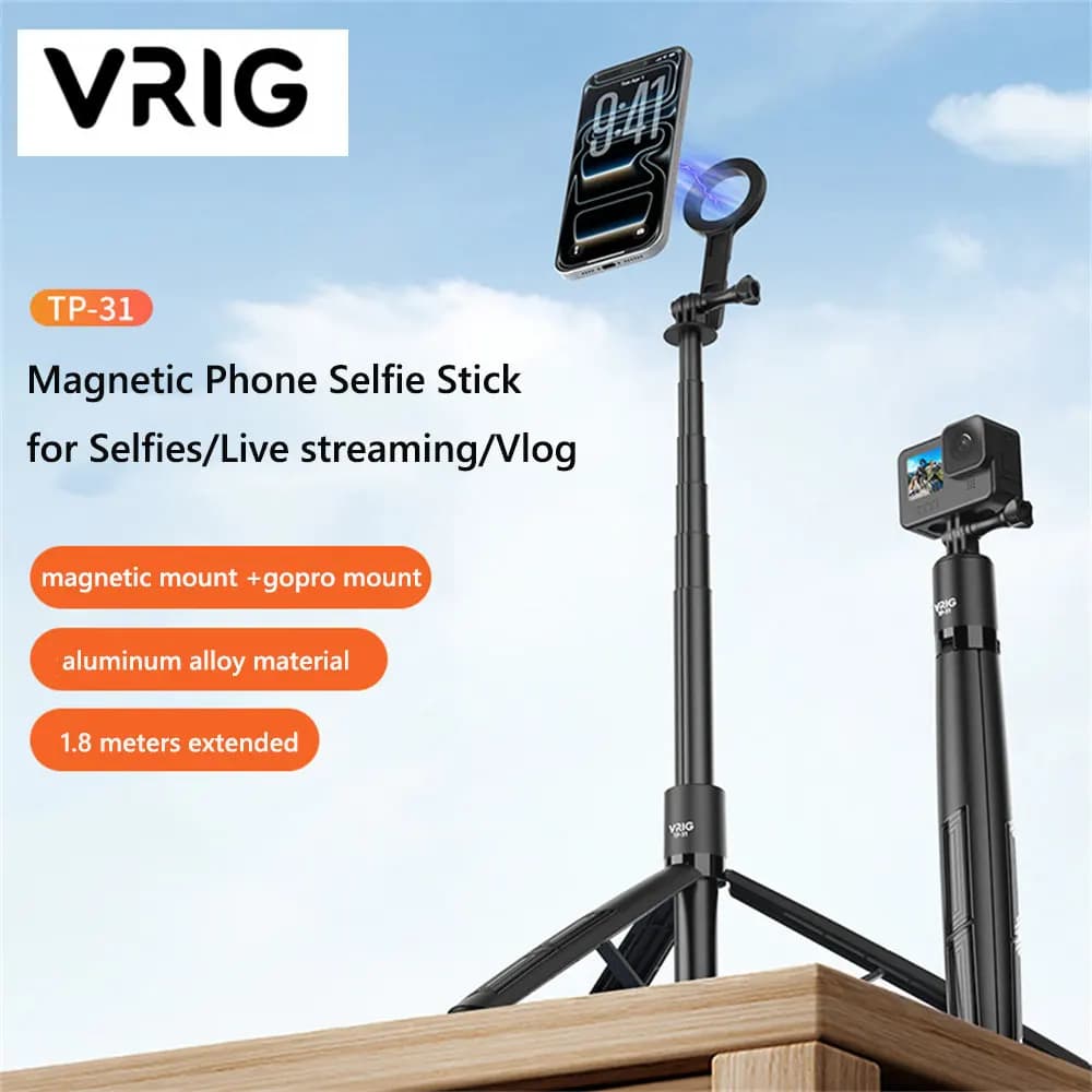VIRG Selfie Stick magnetico con supporto Gopro + supporto treppiede MagSafe per DJI Action 6/5 Pro/iPhone17 Stick portatile per fotocamera smartphone