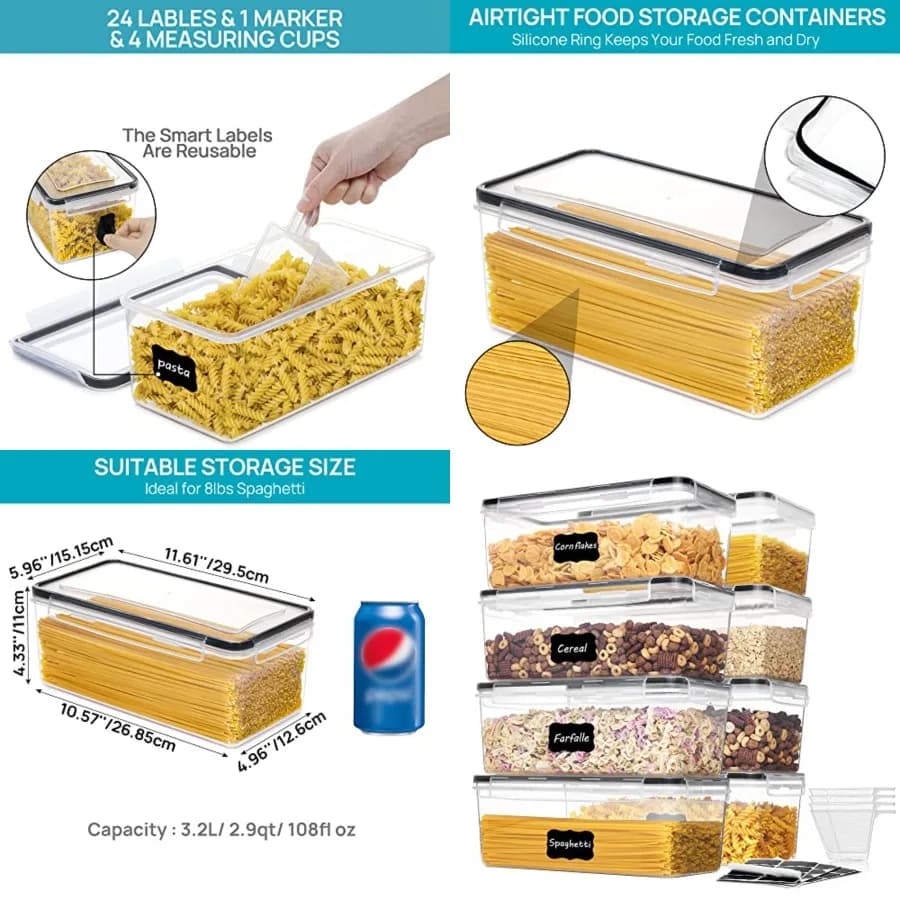 Contenitori ermetici per alimenti con coperchi, set da 8 pezzi da 3,2 litri, contenitore in plastica per spaghetti, organizer per pasta, senza BPA, ermetico.
