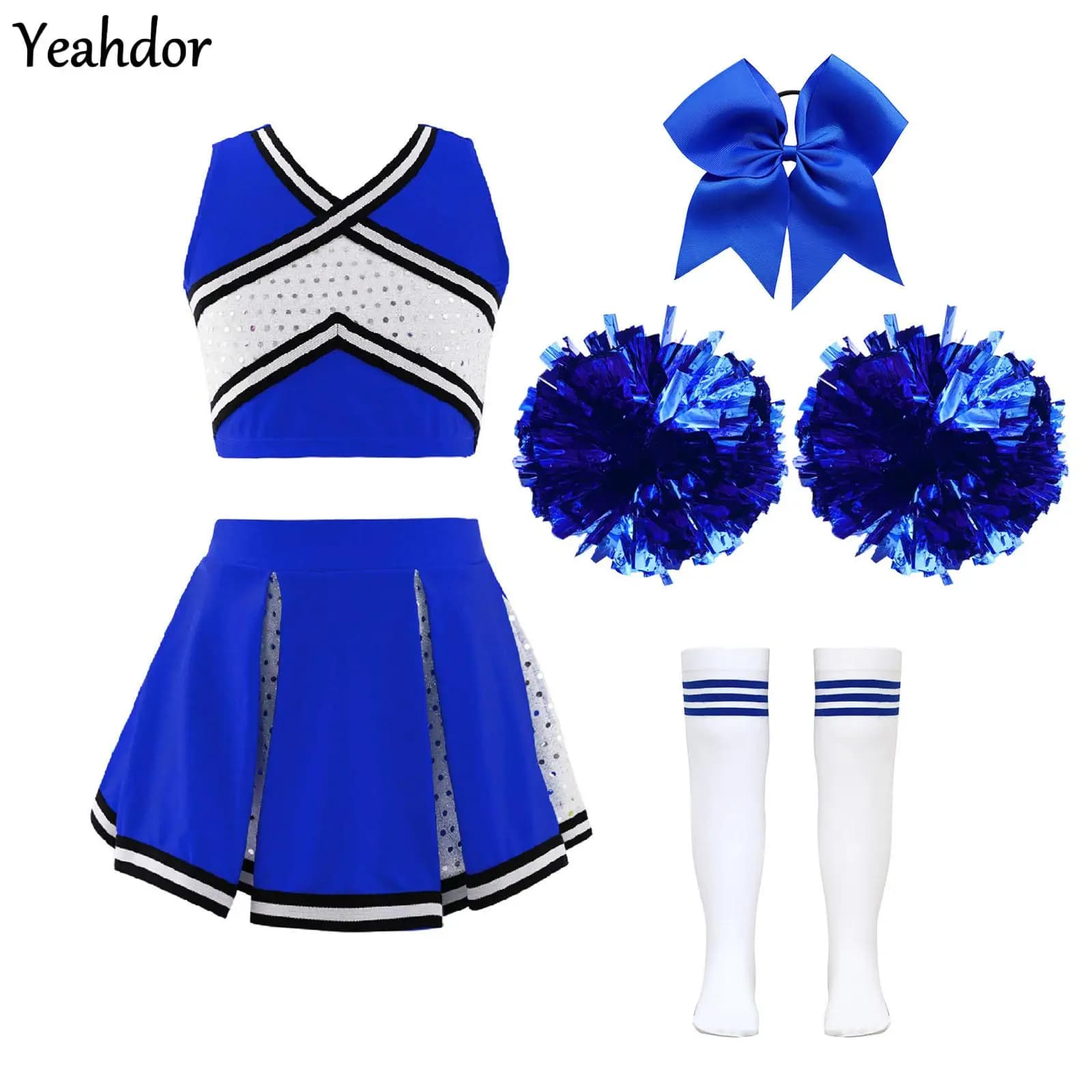 Set Costume da Cheerleader per Bambine con Top Corto con Paillettes, Gonna Plissettata, Copricapo, Fiori per Capelli, Calzini, Uniforme da Cheerleader Scolastica