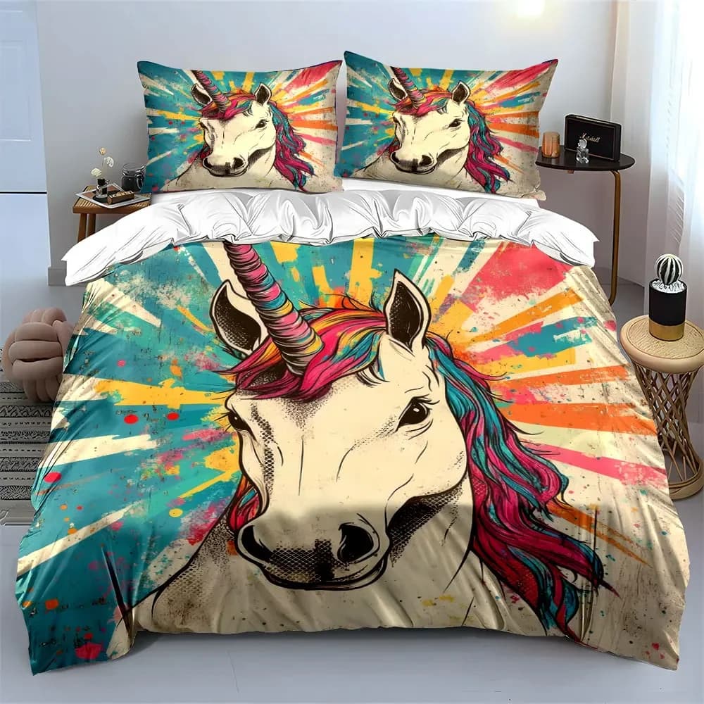 Set di biancheria da letto con disegno di unicorno per decorazione, con 1 copripiumino e 2 federe, singolo, matrimoniale, king size, queen size, idea regalo