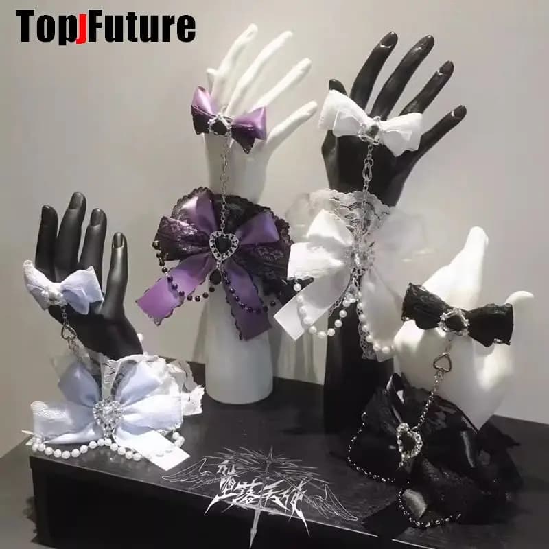 Y2K Ragazza Giapponese Gotico Punk Lolita Manicotto a mano Polsini Dolce Increspato Pizzo Multicolor Bowknot Cameriera Cosplay Bracciale