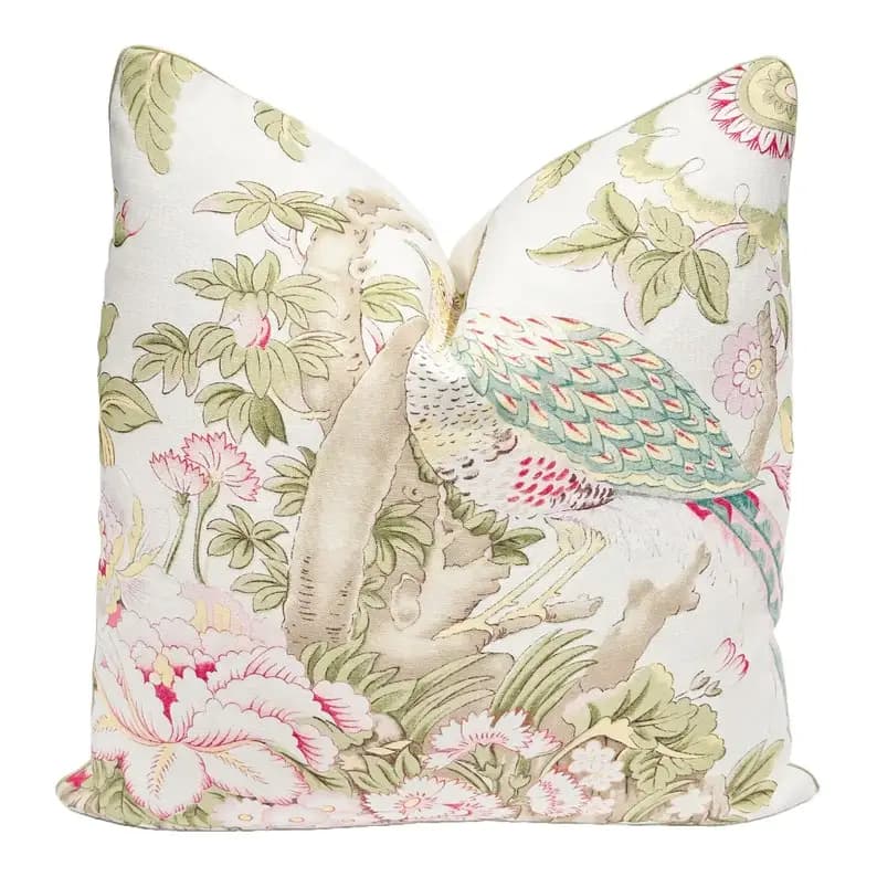 in Bright Bloom Pillow Cover — Floral & Fauna Throw Pillow Cover,Soft Pink Chinoiserie Peacock Floral Throw Pillow Cover, Botanical Decorative Cushion Cover for Couch Sofa Bed Living Room