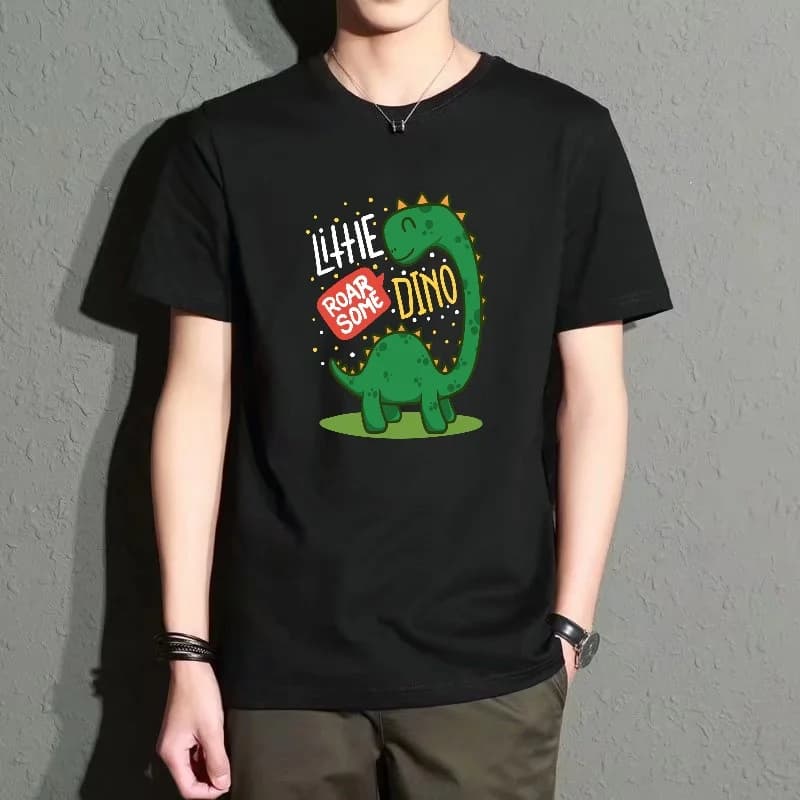 Men's Black Round-Neck Short-Sleeved T-Shirt, Fun Dinosaur Print Top, Casual Everyday Versatile Style, Soft and Comfortable, Trendy Street Style Summer Outfit